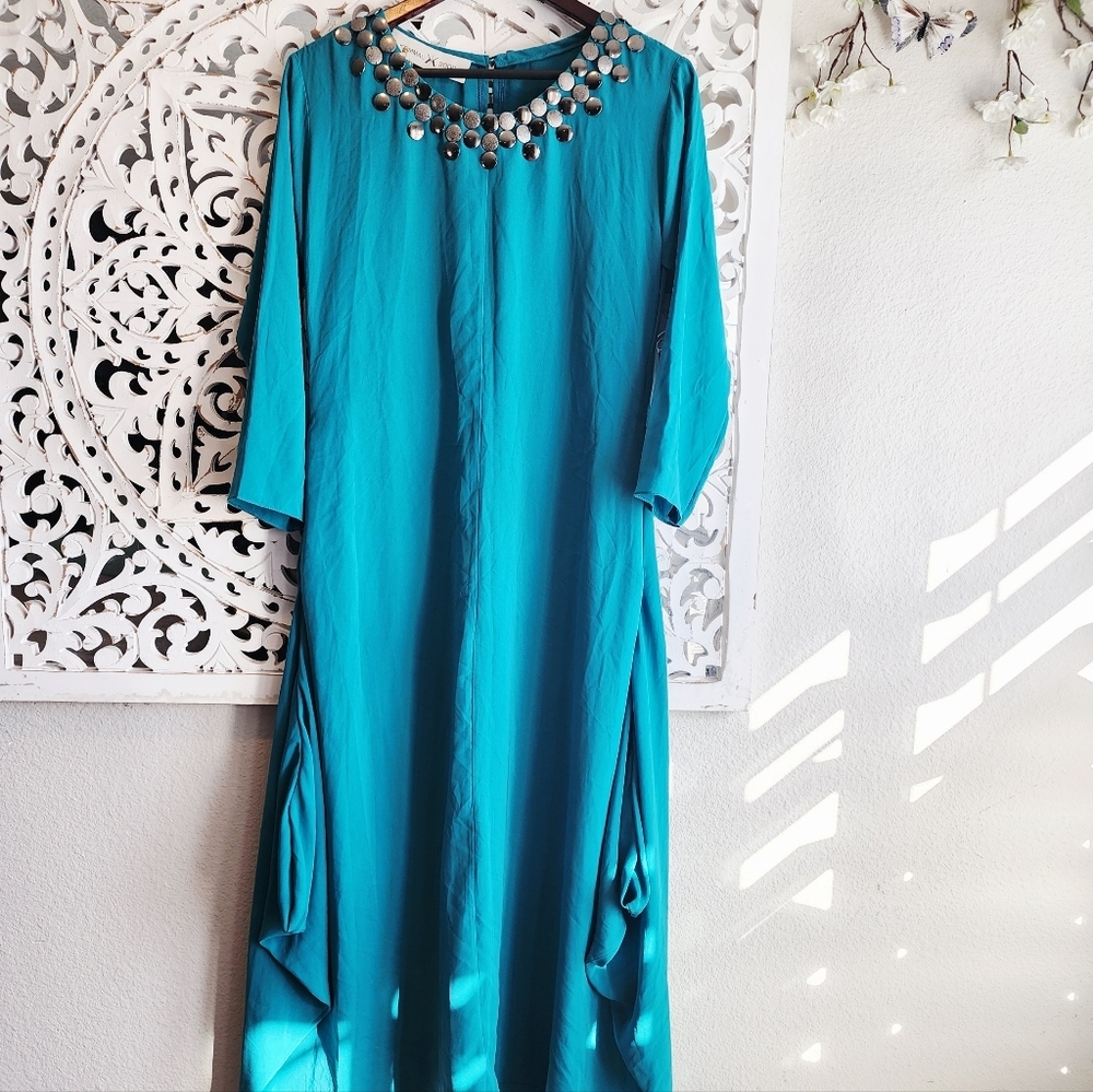 KOMMAL SOOD TEAL MAXI DRESS LONG SLEEVE NECK DETAIL SIZE MEDIUM - Picture 10 of 15